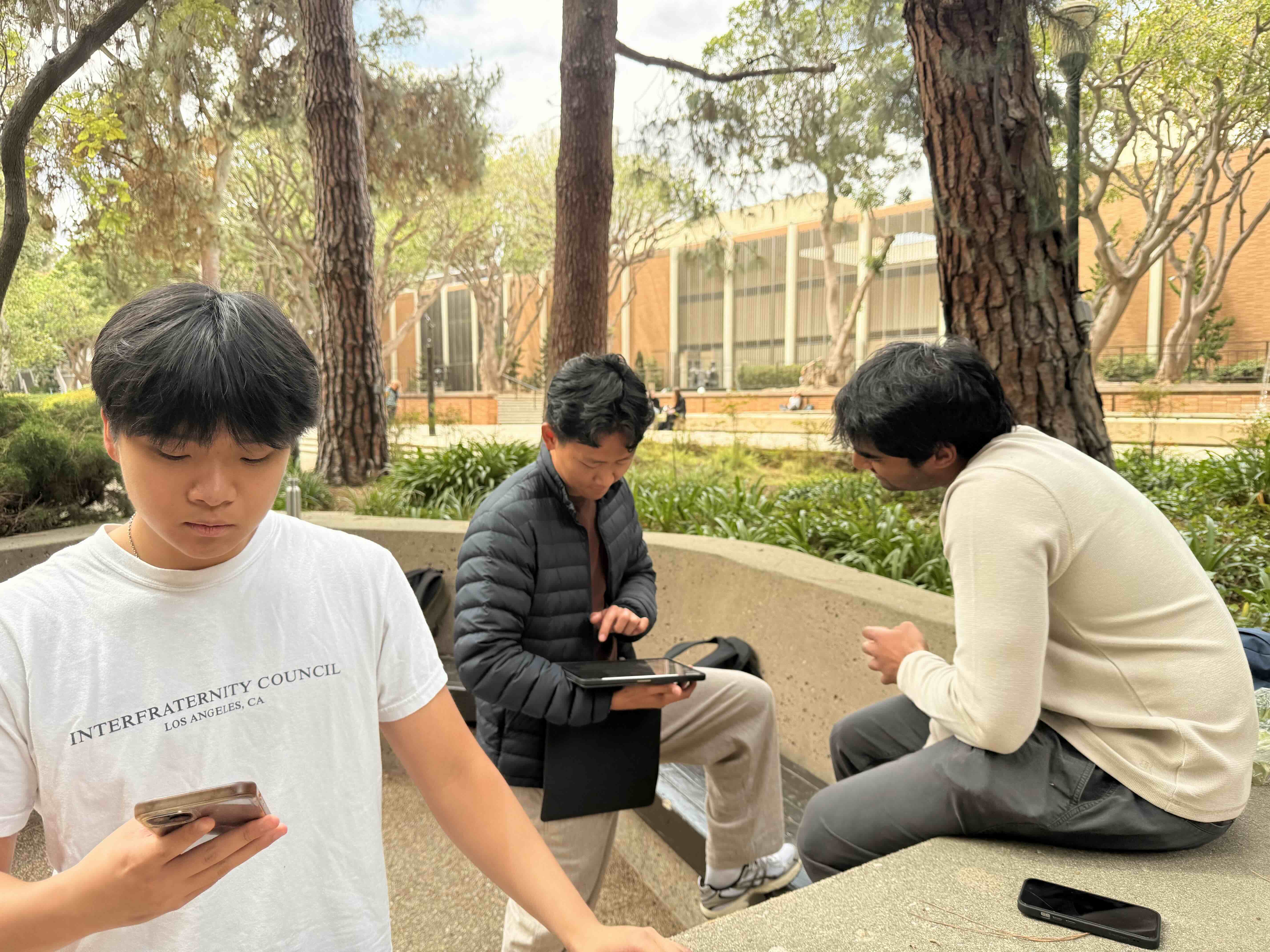 Haoji and classmates preparing outside the UCLA acting building